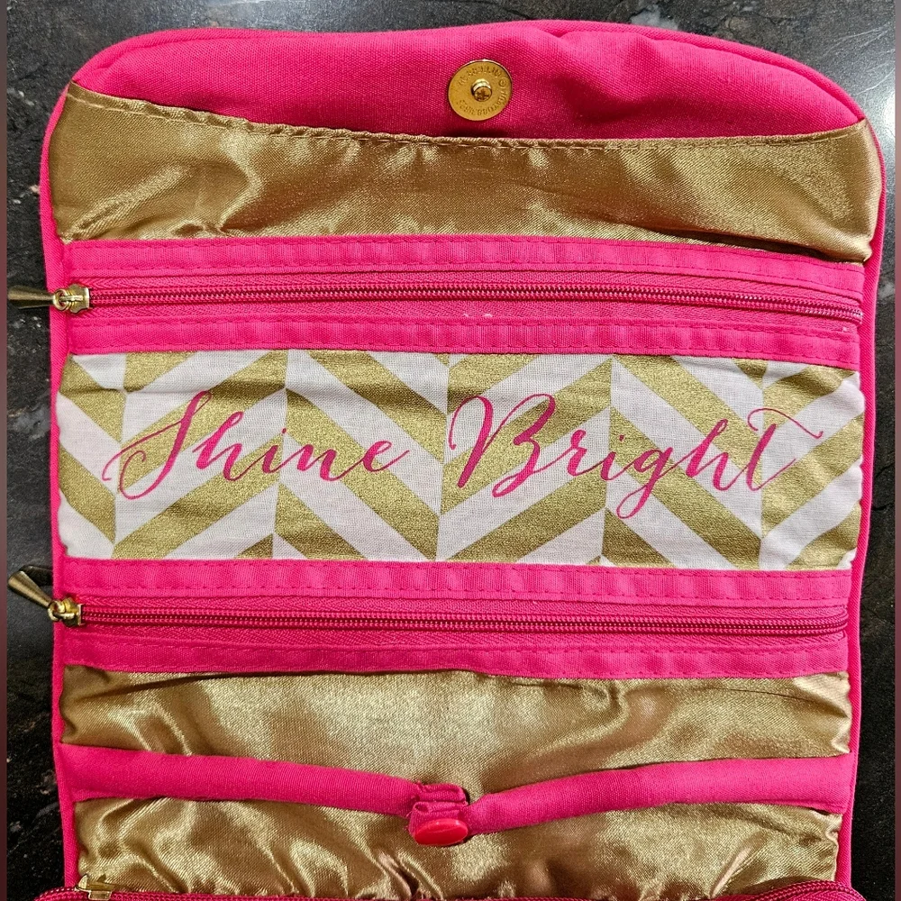 JEWELRY ROLL travel case organizer holder VGUC gold pink Shine Bright